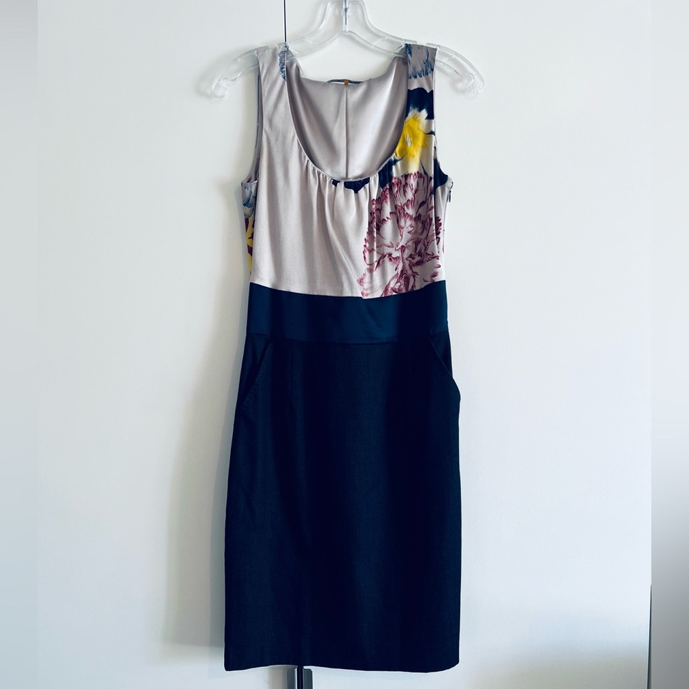 Elie Tahari floral silk + denim shift dress size 4